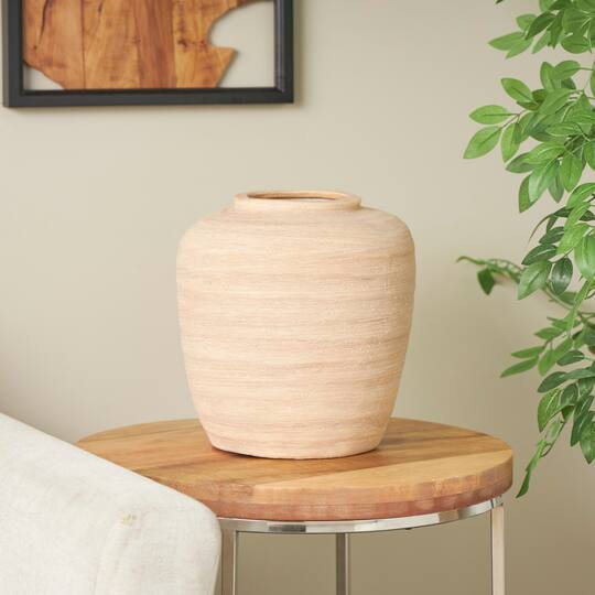 12" Beige Ceramic Wide Textured Vase